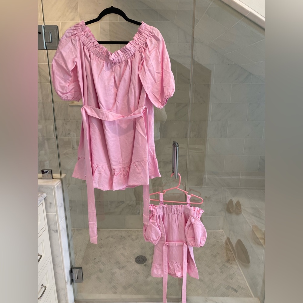 Mom and me set pink dresses with tie belts NEVER WORN